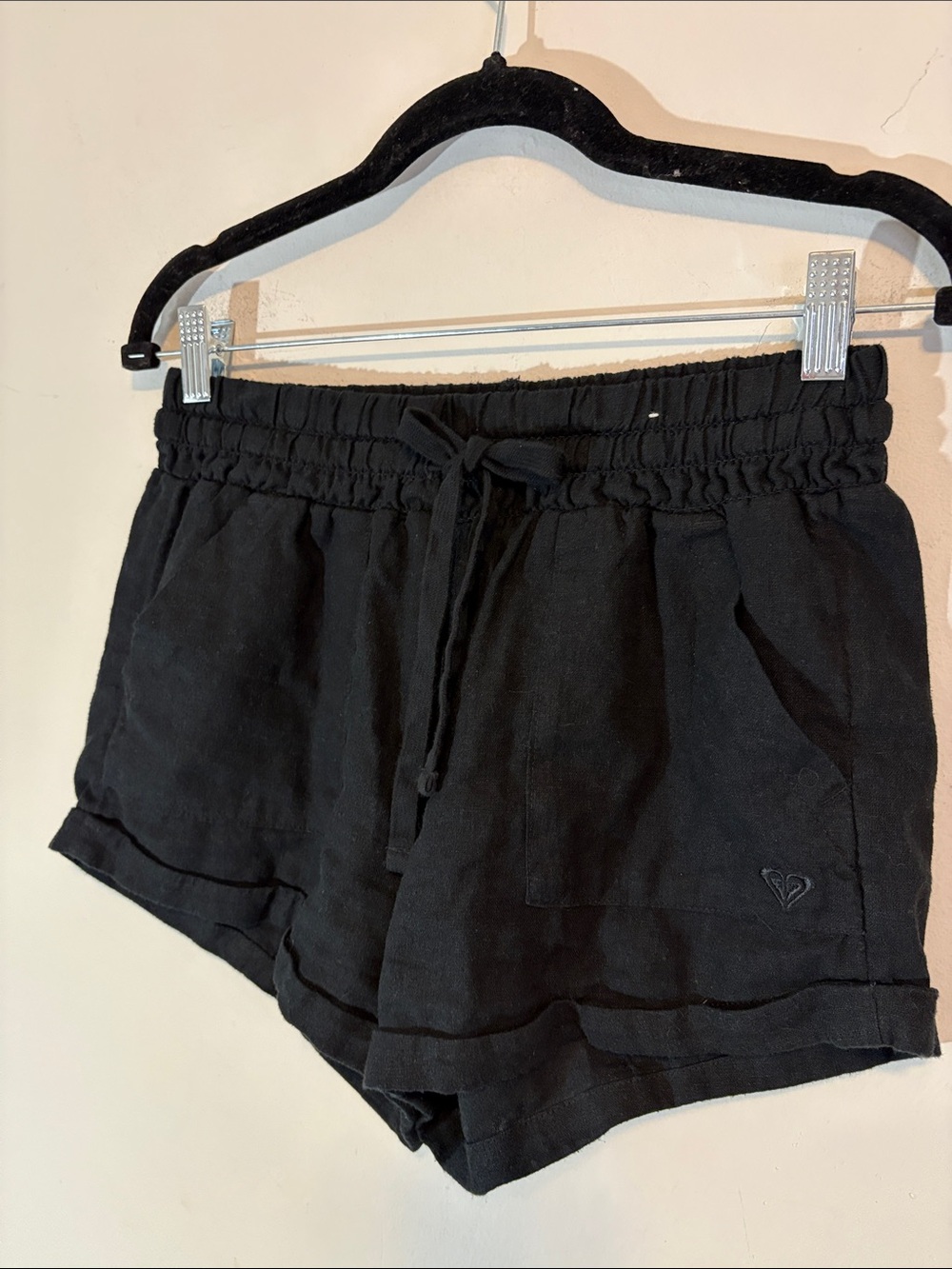 Roxy Solid Black Elastic Stretch Drawstring Tie Waist Linen Blend Beach Shorts M